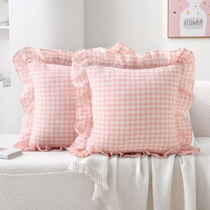 2 Pack Blush White Plaid Ruffle Gingham Throw Pillow Covers, 100% Washed Cotton Checkered Farmhou... | Amazon (US)
