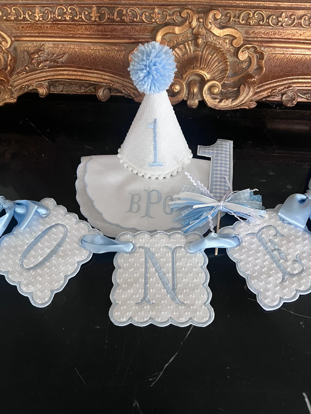 Personalized Embroidered White Swiss Dot One Highchair Banner-monogram Bib-blue Gingham Mallard C... | Etsy (US)