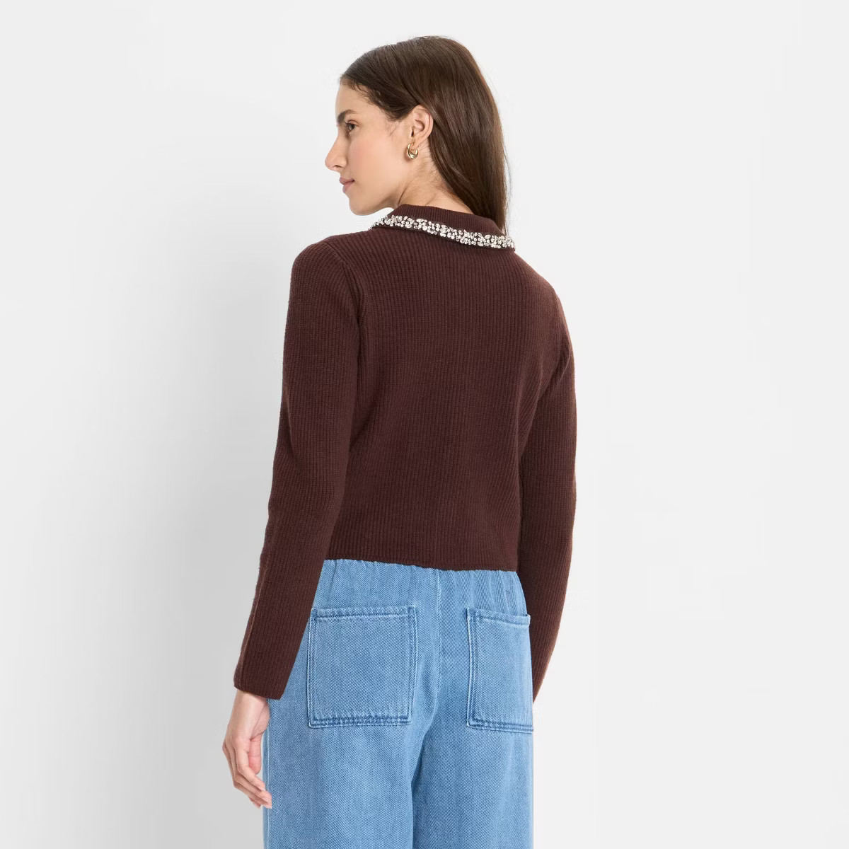 Women's Embellished Collar Cardigan Sweater - Future Collective Dark Brown | Target