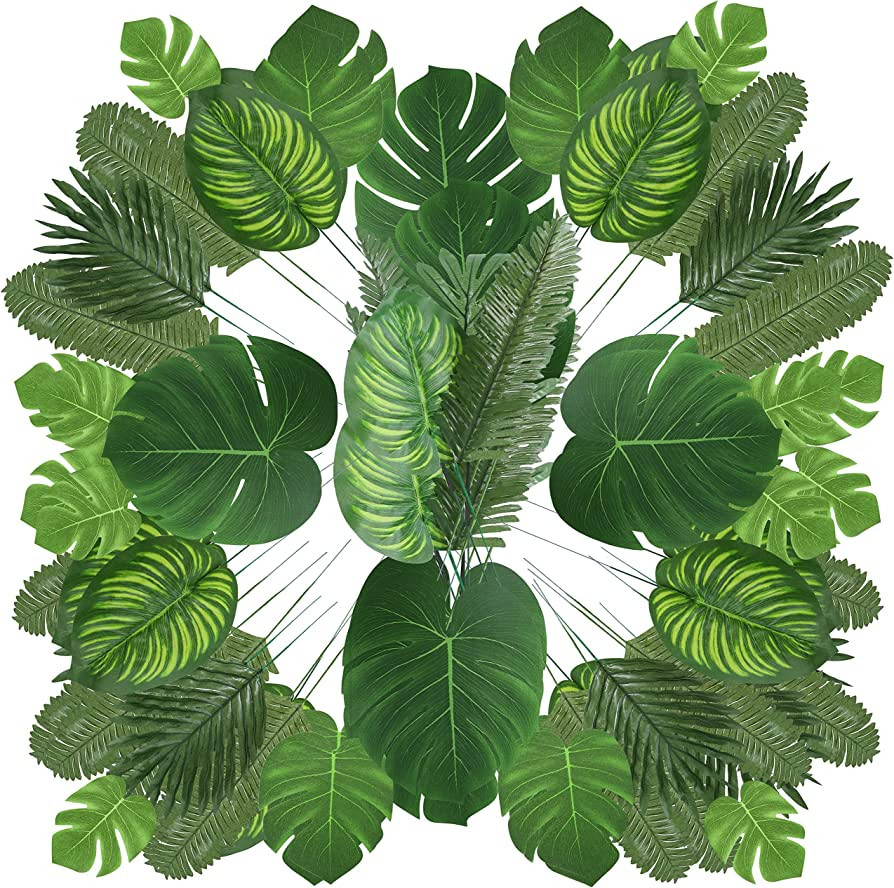 Auihiay 90 PCS 6 Kinds Monstera Leaves Palm Leaves Tropical Party Decorations Jungle Leaf with St... | Amazon (US)