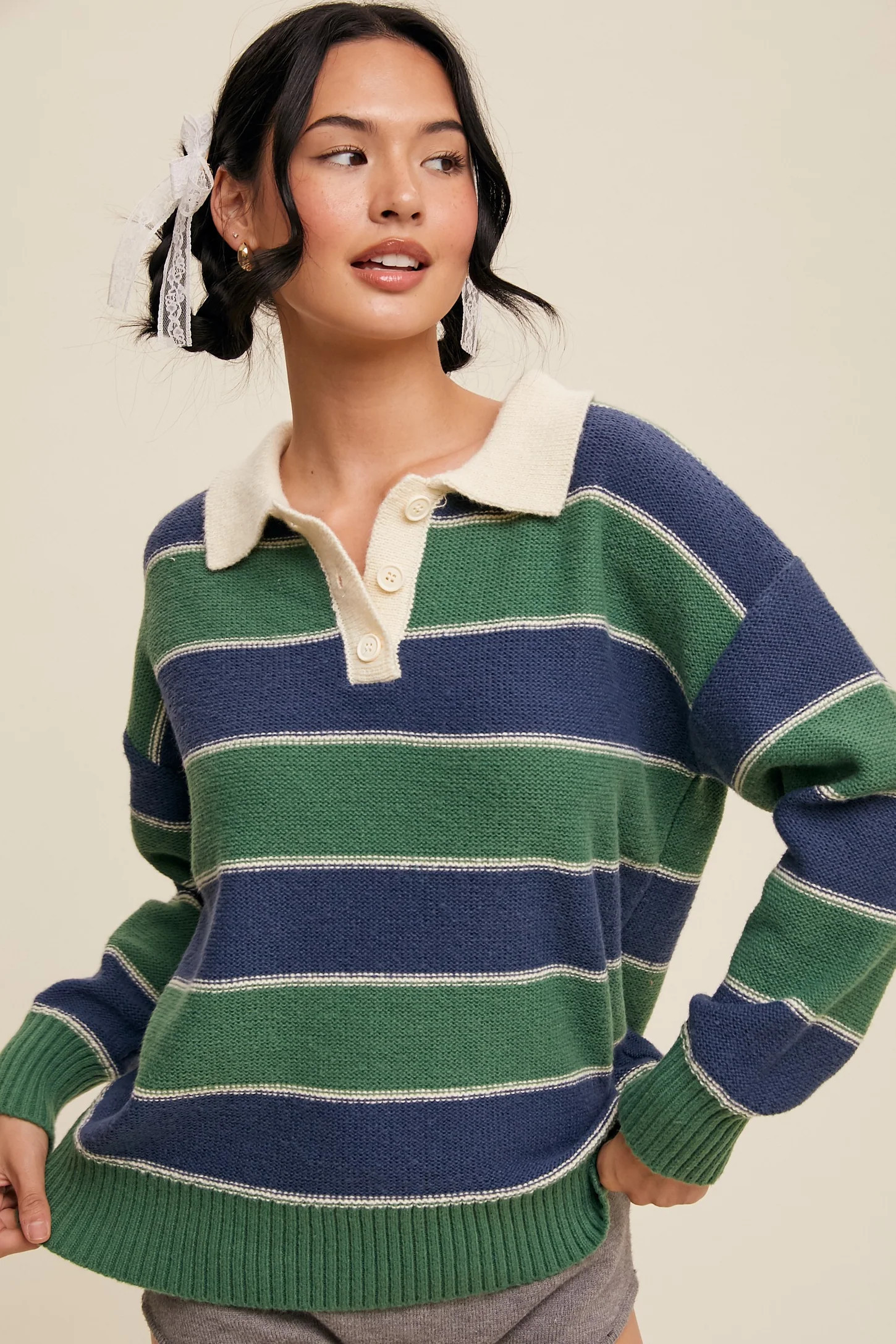 Green Striped Polo Knit Sweater | PinkBlush Maternity