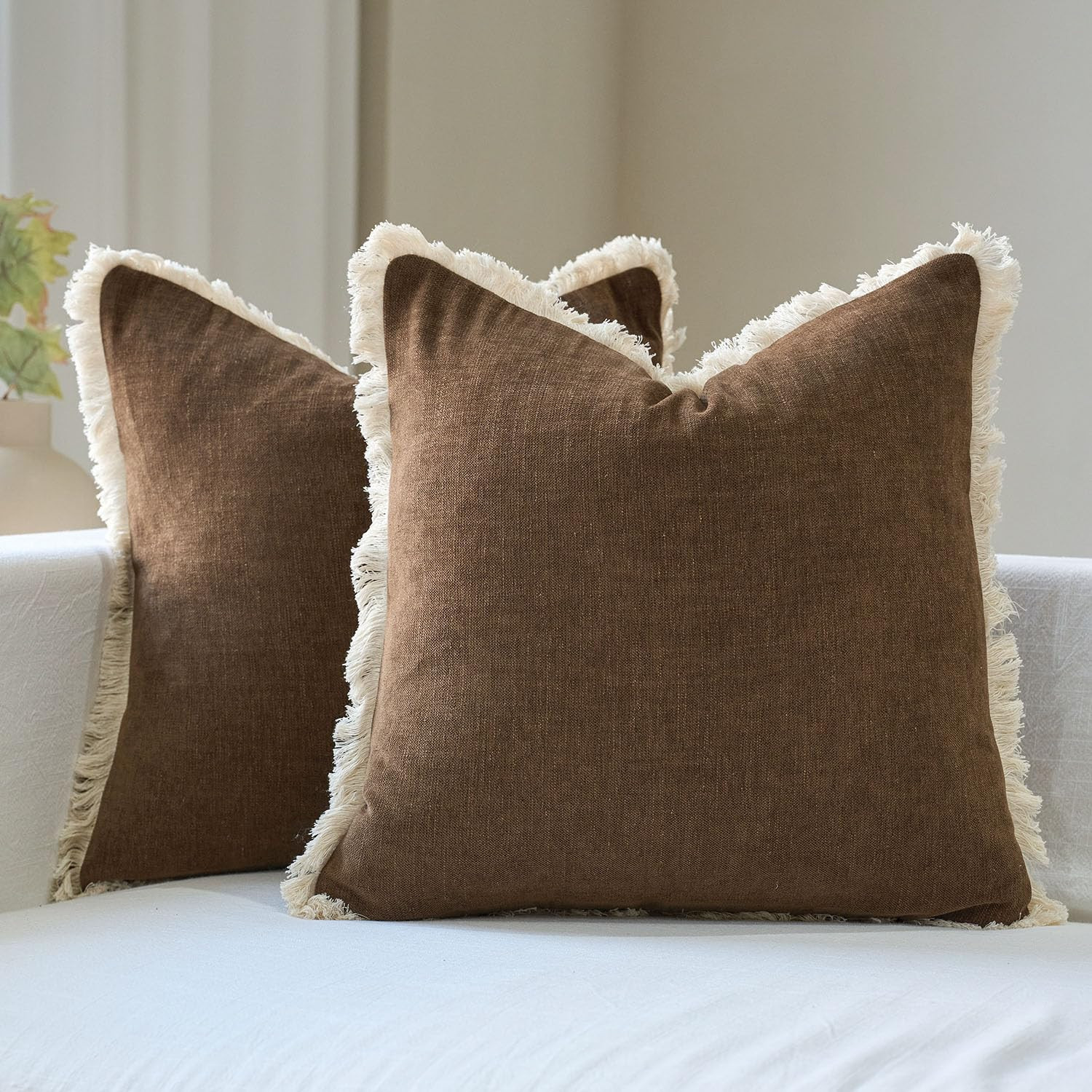 Amor Virisso Fringe Throw Pillow Covers 18x18 Set of 2 Boho Neutral Farmhouse Decorative Pillow C... | Amazon (US)