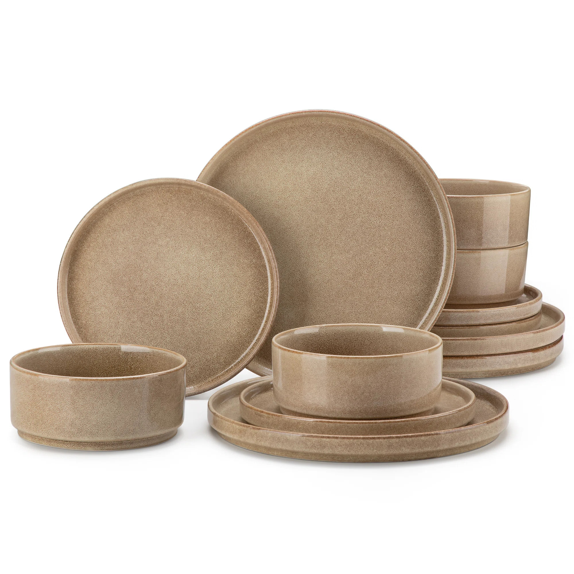 12 Piece For 4 In Ombre Caramel Glaze,Raised Rim Dinnerware With Dinner Plates,Dessert Plates & Bowls,Dishwasher Safe,Modern Stackable Stoneware Set | Wayfair North America