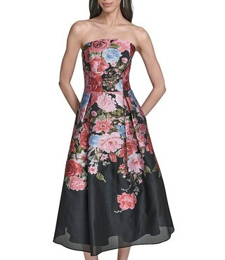 Eliza J Strapless Jacquard Floral Print A-Line Midi Dress | Dillard's | Dillard's