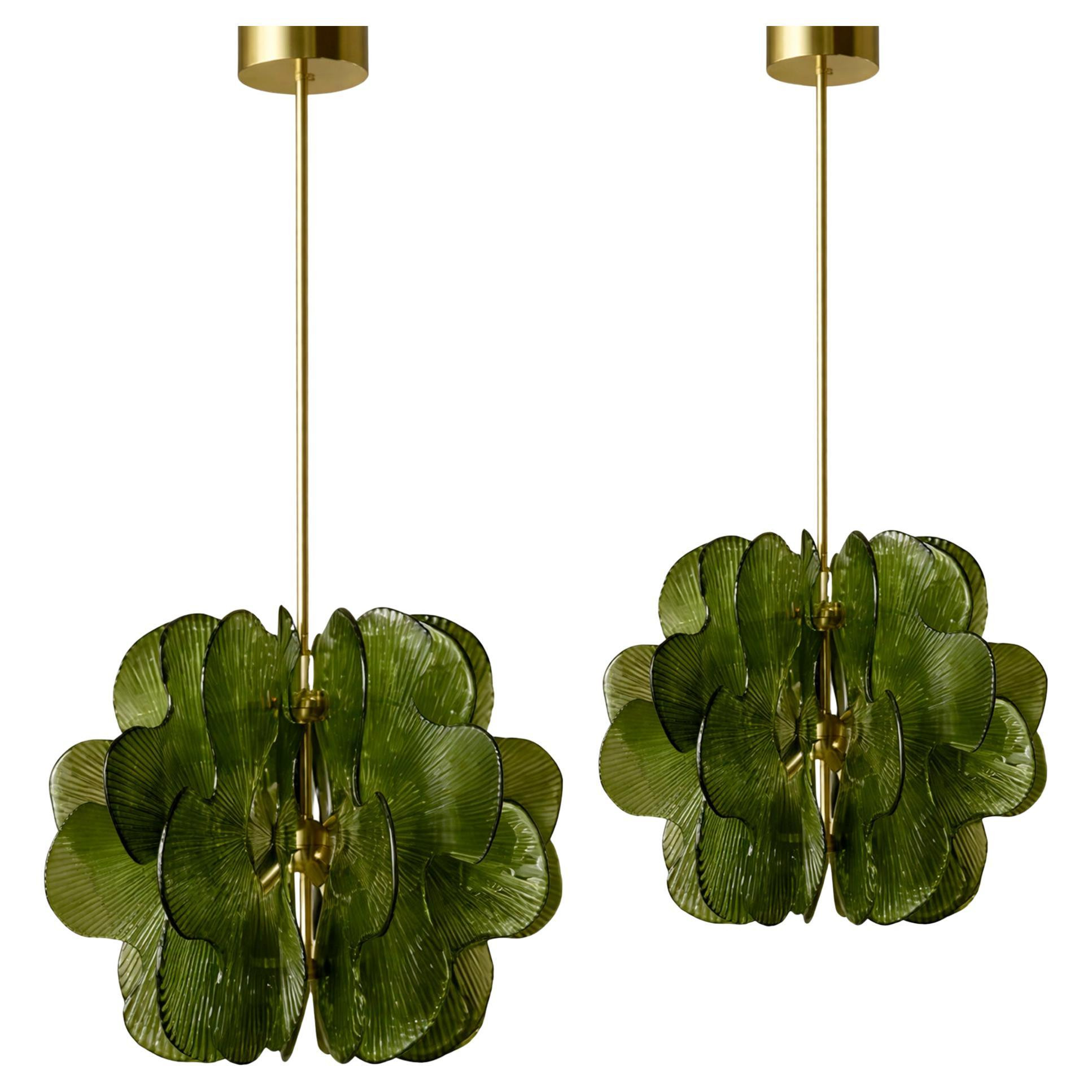 Midmodern Style Italian Brass Pendant Lamp with Bright Green Murano Glass Slabs | 1stDibs