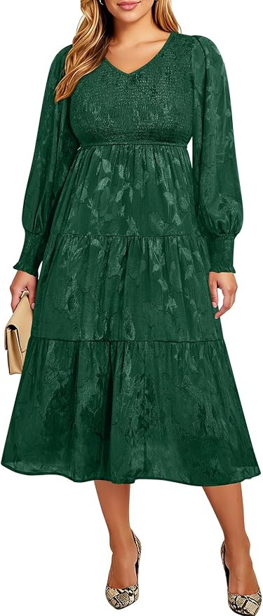 Plus Size Wedding Guest Dress - V Neck Floral Smocked Puff Sleeve Summer Fall A Line Tiered Flowy... | Amazon (US)