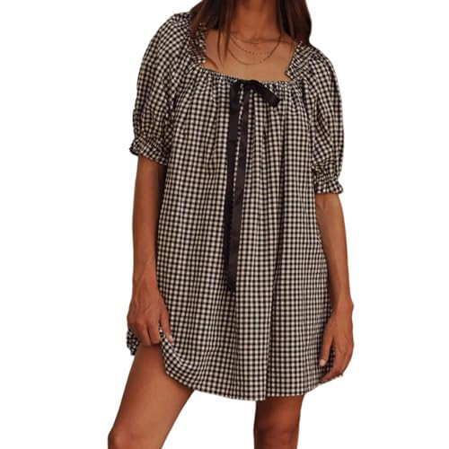 Women Gingham Short Dress Puff Sleeve Bow Tie Square Neck Plaid A-Line Babydoll Mini Dress (Black, S) | Amazon (US)