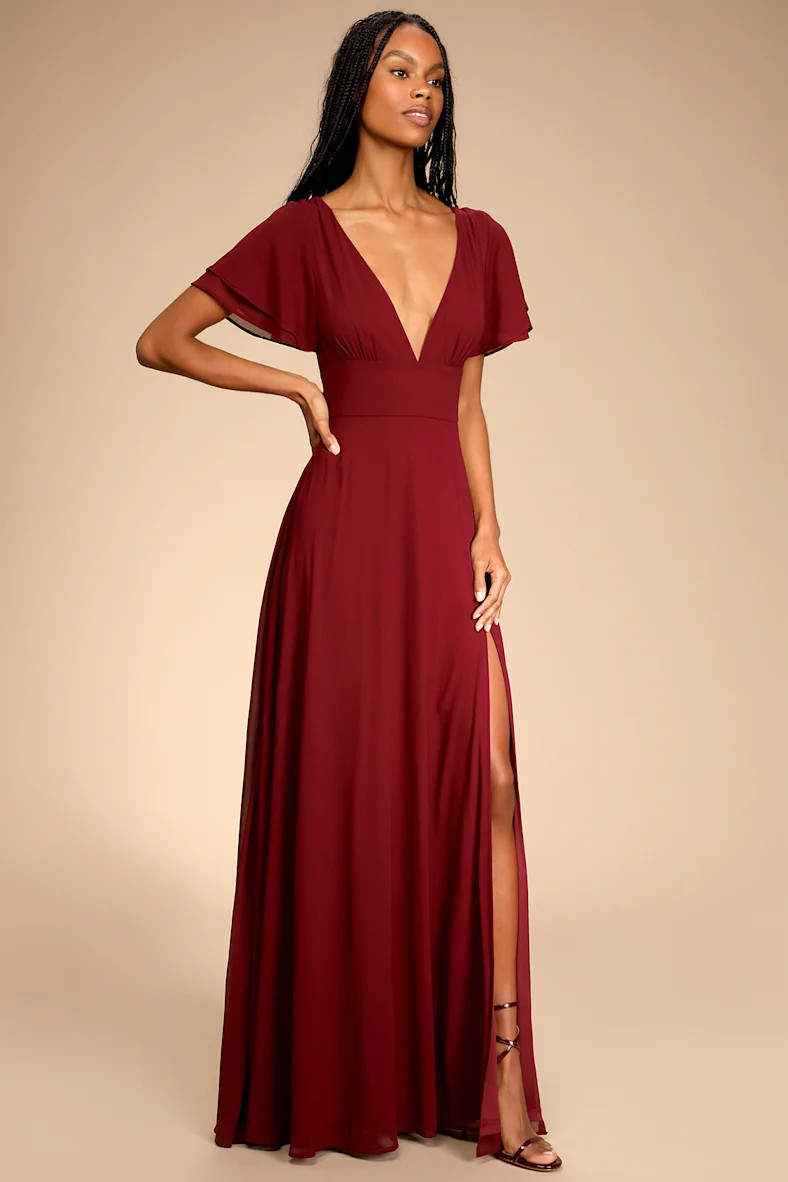 Promise Of Love Burgundy Flutter Sleeve Maxi Dress | Lulus (US)