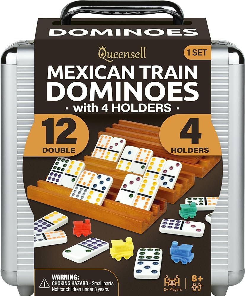 Queensell Mexican Train Dominoes Set with 4 Holders - Wooden Hub and Tiles Holders - Double 12 wi... | Amazon (US)