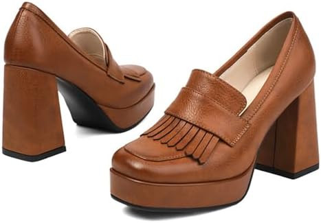 Alyaafifa Platform Chunky Heel Loafers Pumps for Women High Heel Closed Square Toe Slip On Dress ... | Amazon (CA)