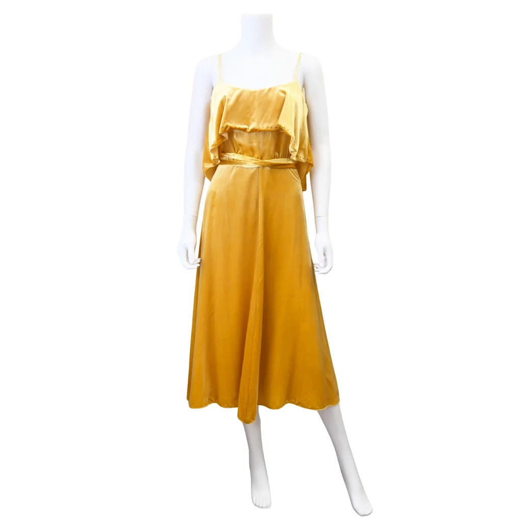 Crystal Embellished Ruffled Velvet Midi Dress XS / YEL / Used | Clotheshorse Anonymous
