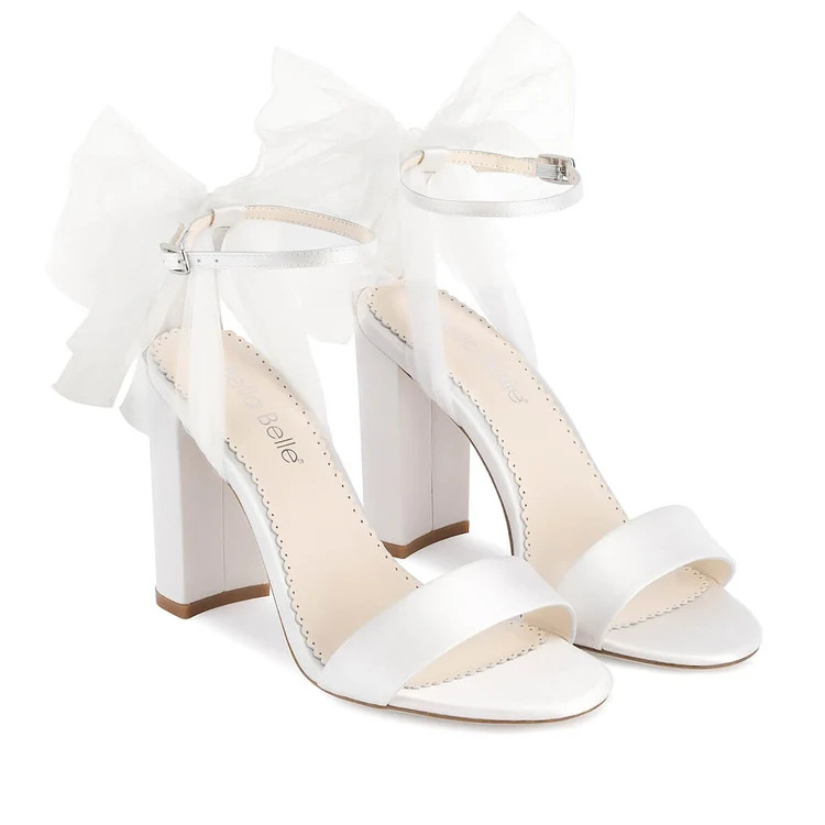 Open Toe Tulle Bow Block Heel Sandals with Ankle Straps | Bella Belle Shoes