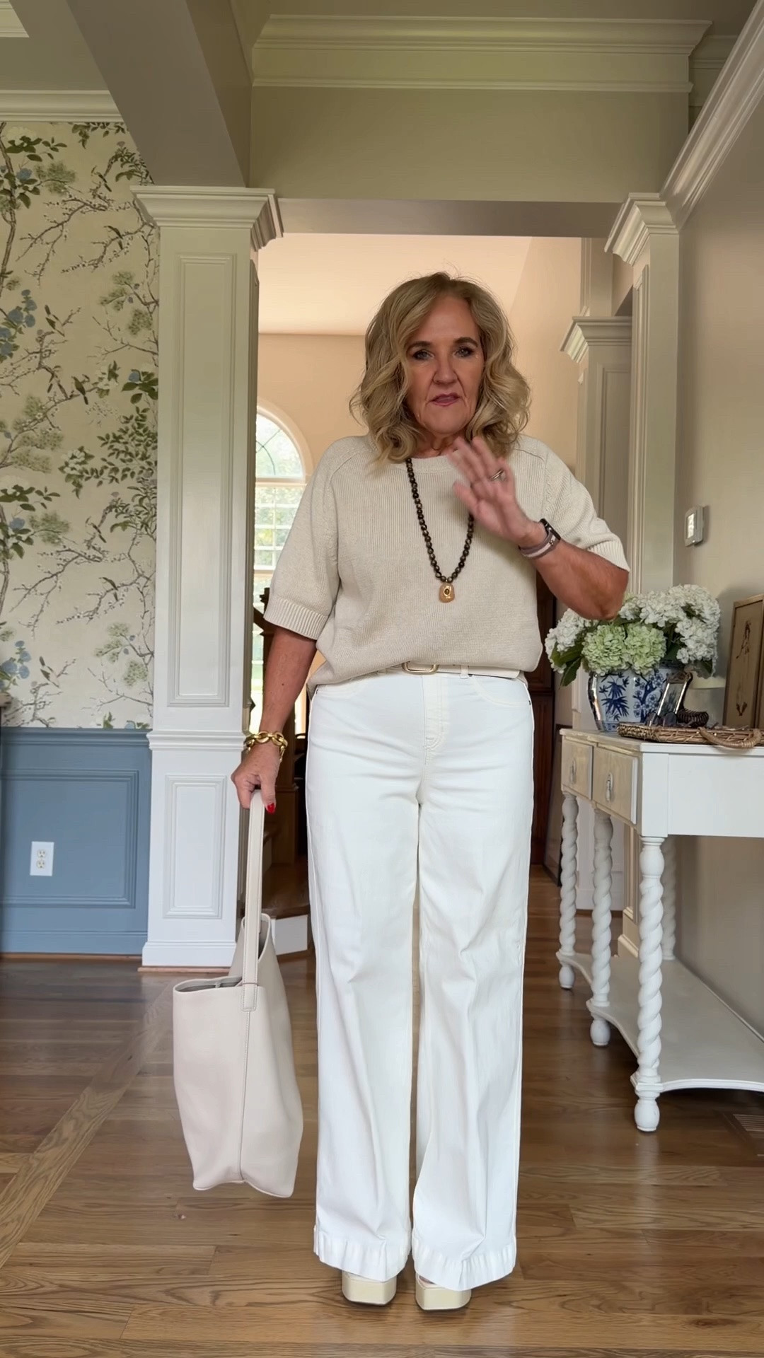 Spanx wide leg denim size med petite consider sizing up if you’re in between.  The current style now has a functional front zipper and button closure.
The sweater is a fitted sweater, but I sized up to a large for a more relaxed fit

#LTKOver40 #LTKWorkwear #LTKPetite