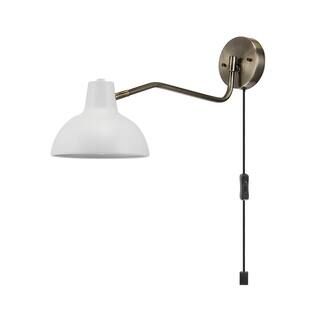 Globe Electric Elon 1-Light Matte White and Antique Brass Plug-In or Hardwire Wall Sconce LED Bul... | The Home Depot