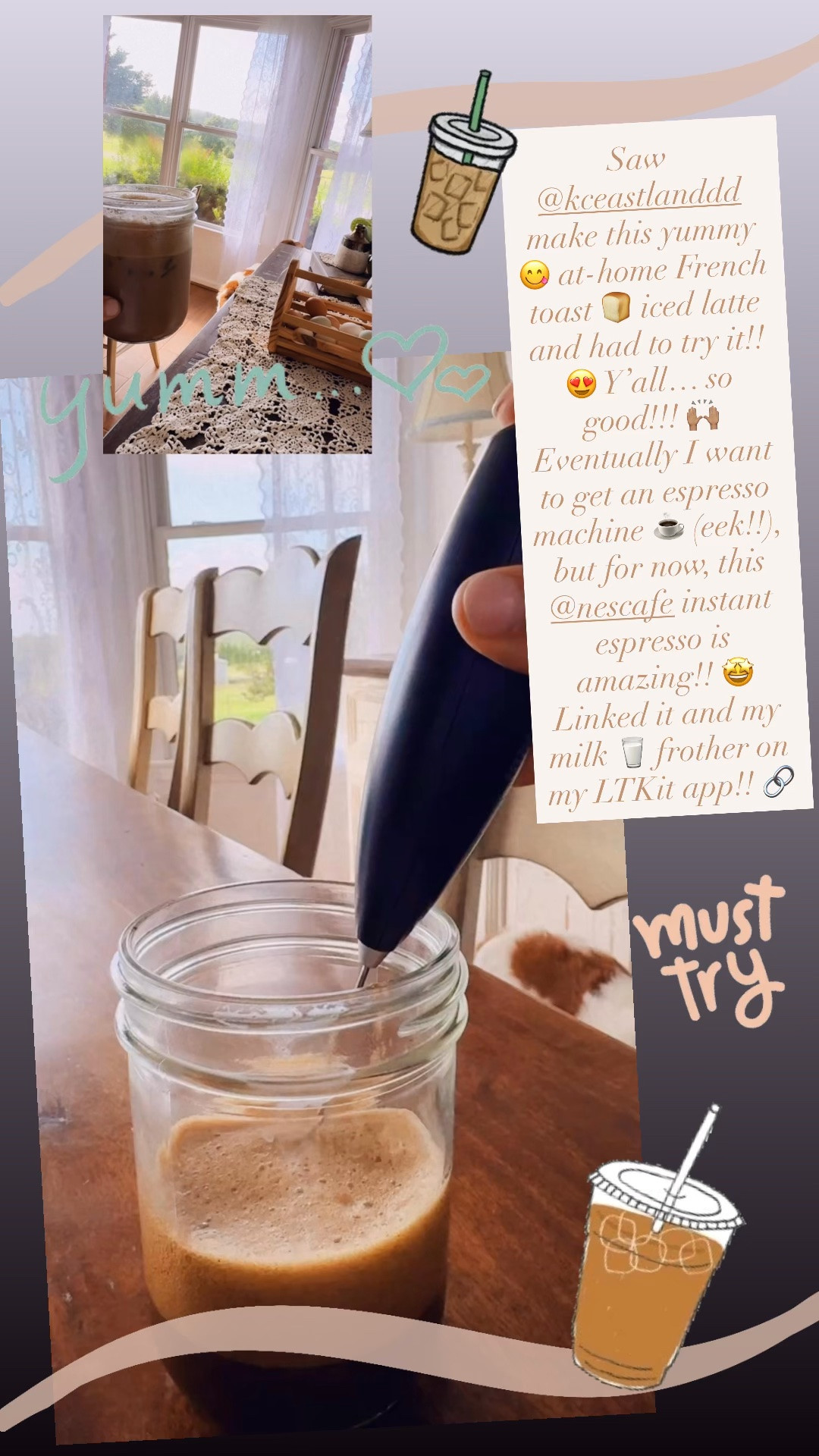 Saw @kceastlanddd make this yummy 😋 at-home French toast 🍞 iced latte and had to try it!! 😍 Y’all… so good!!! 🙌🏽  Eventually I want to get an espresso machine ☕️ (eek!!), but for now, this @nescafe instant espresso is amazing!! 🤩 Linked it and my milk 🥛 frother on my LTKit app!! 🔗