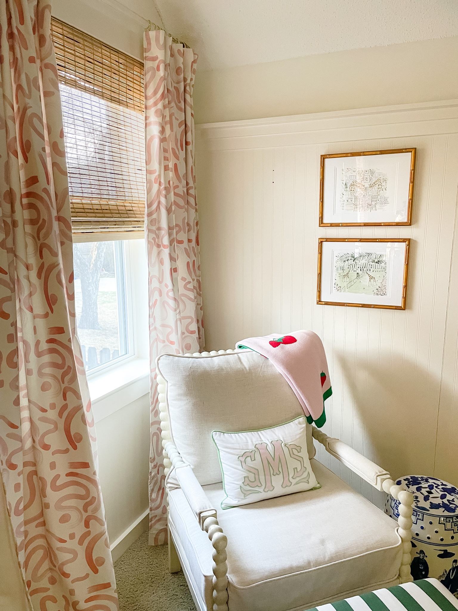 Pink girl nursery // grandmillennial // palm beach // preppy // pink and green // pepper home curtains // spindle chair // gold bamboo frame // monogrammed pillow // blue and white garden stool // chinoiserie // x bench 

#LTKbaby #LTKhome