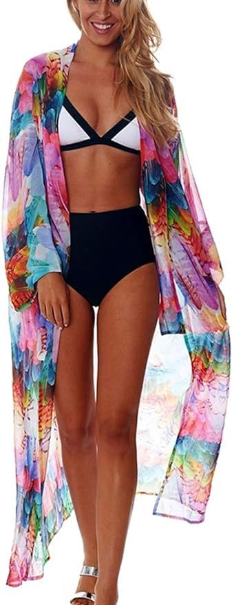 Ailunsnika Women Sexy Print Open Front Kimono Cardigan Loose Beach Cover Up Dress | Amazon (US)