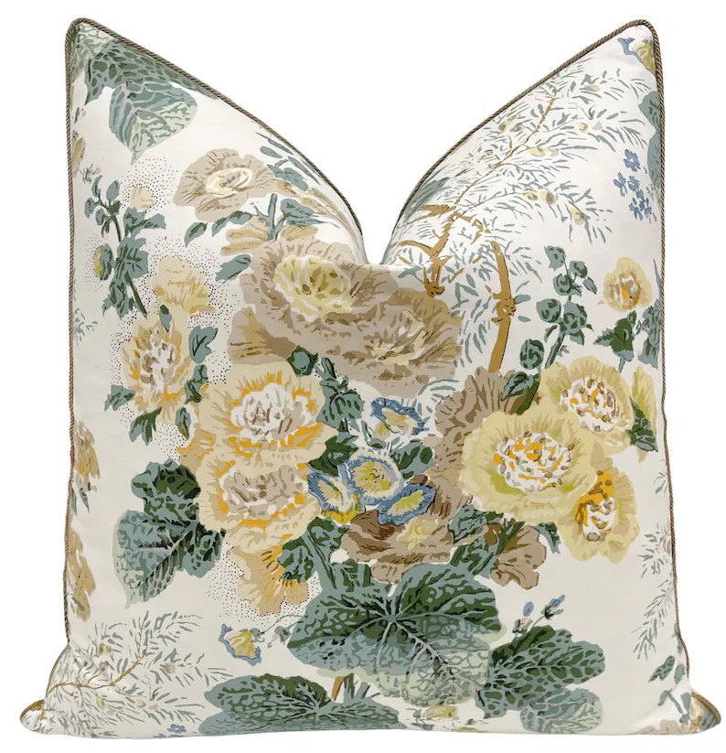 Althea // Citron Pillow COVER Only | Lee Jofa floral print | designer pillow | brass cord detaili... | Etsy (US)