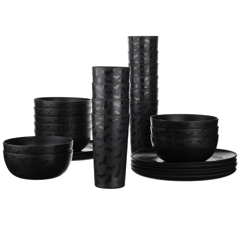 Mainstays 30-Piece Plastic Etched Dancing Bats Dinnerware Set, Black | Walmart (US)