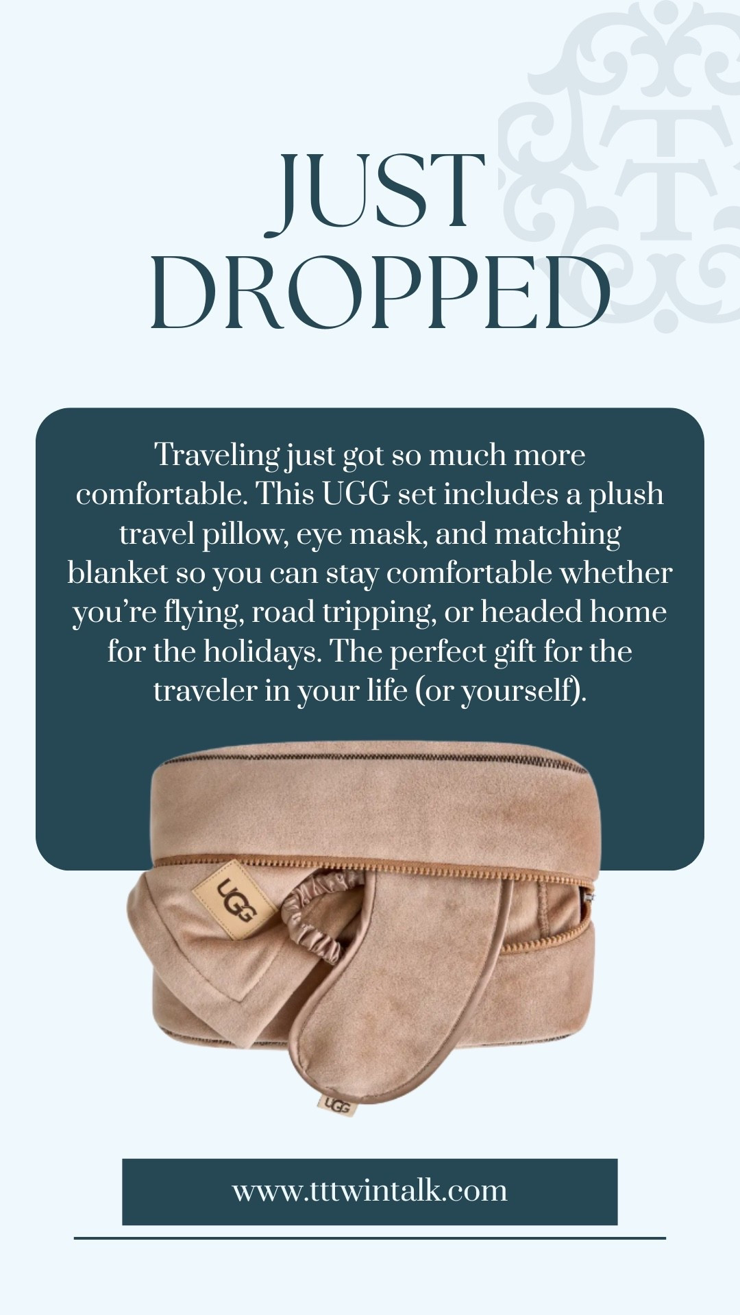 Traveling just got so much more comfortable. This UGG set includes a plush travel pillow, eye mask, and matching blanket so you can stay comfortable whether you’re flying, road tripping, or headed home for the holidays. The perfect gift for the traveler in your life (or yourself).

#LTKSeasonal #LTKGiftGuide #LTKHoliday