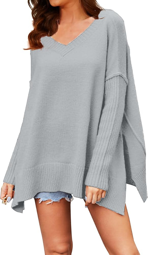 Women V Neck Oversized Sweater Tops Loose Long Sleeve Side Slit Drop Shoulder Ribbed Knit Pullove... | Amazon (US)