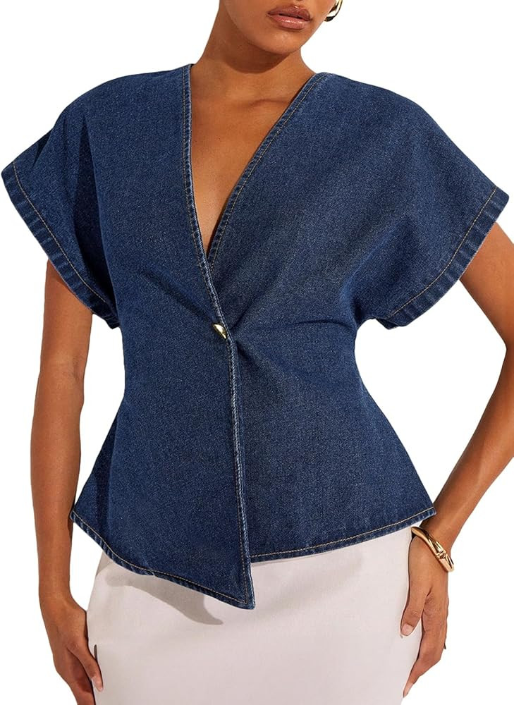 EVALESS Womens Denim Shirts Short Sleeve Button Down Shirts Spring Summer Tops V Neck Work Blouse... | Amazon (US)