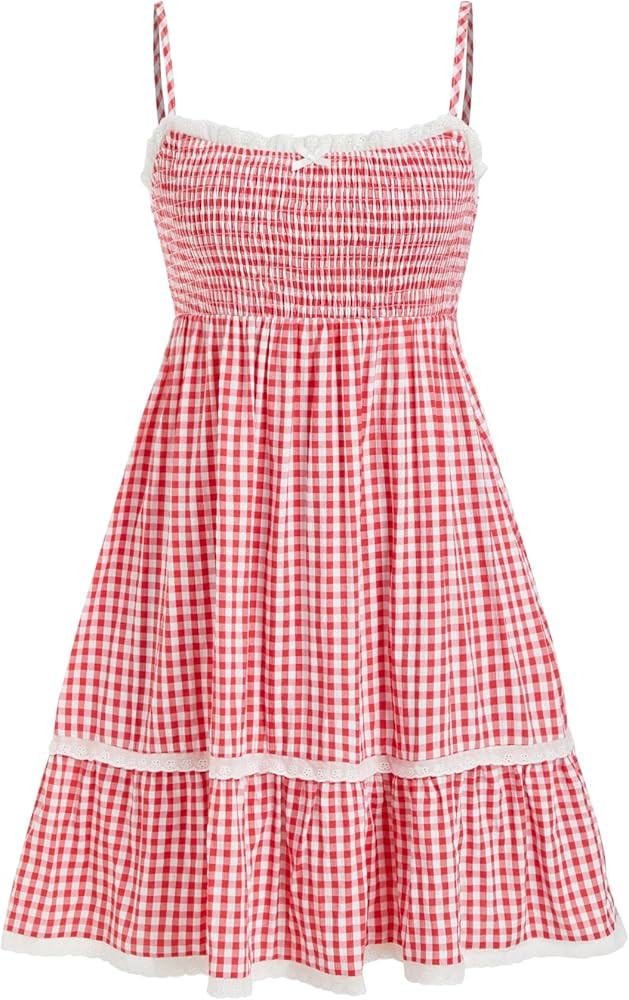CIDER Gingham Smocked Dress for Women Plaid Lace Tiered Midi Sundress Summer Casual Dresses at Am... | Amazon (US)
