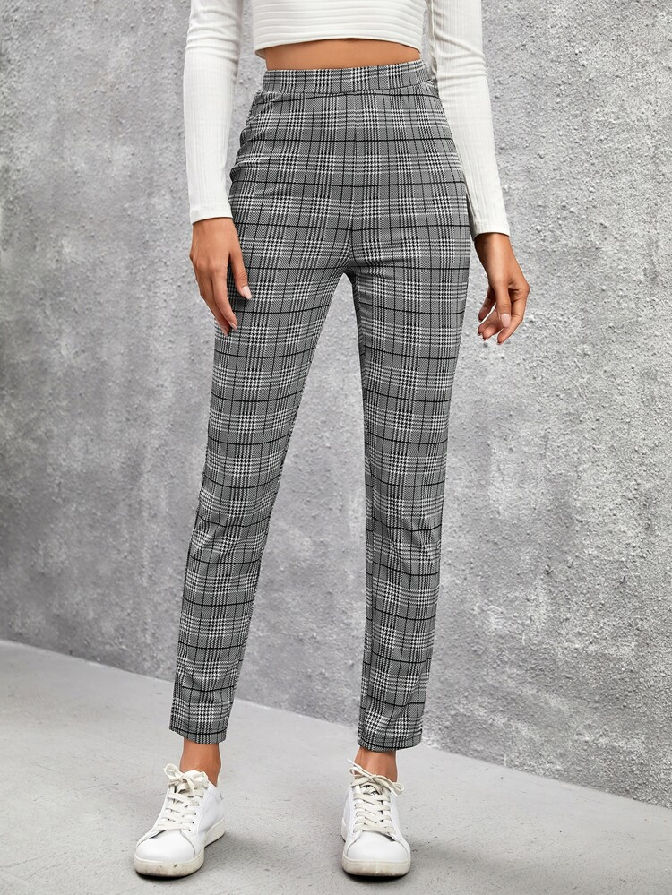 SHEIN Plaid Print Split Hem Skinny Pants | SHEIN