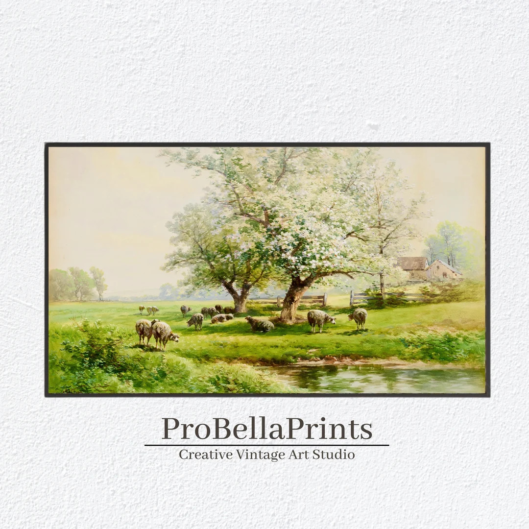 Spring Frame TV Soft Green Country Landscape Oil Painting , Farmhouse Decor , Meadow Oil Painting... | Etsy (US)