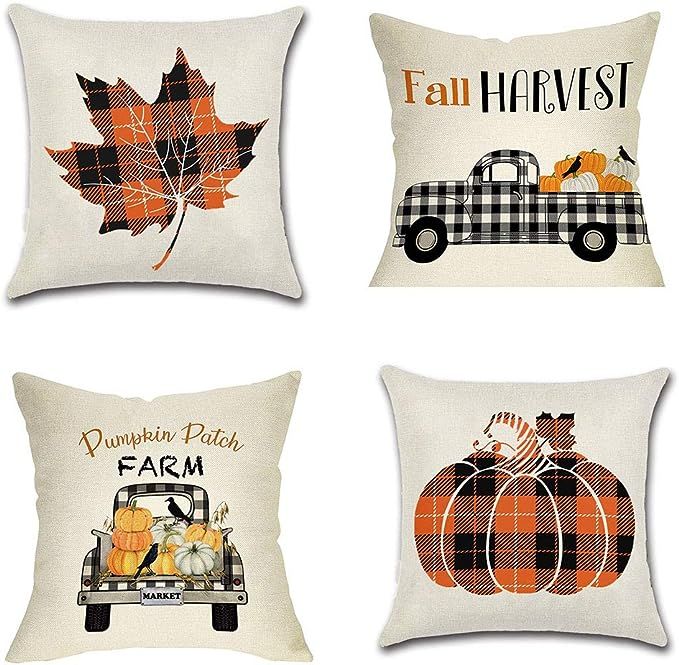 PSDWETS Fall Decor Pumpkin Maple Leaf Pillow Covers Set of 4 Autumn Theme Fall Harvest Pumpkins T... | Amazon (US)