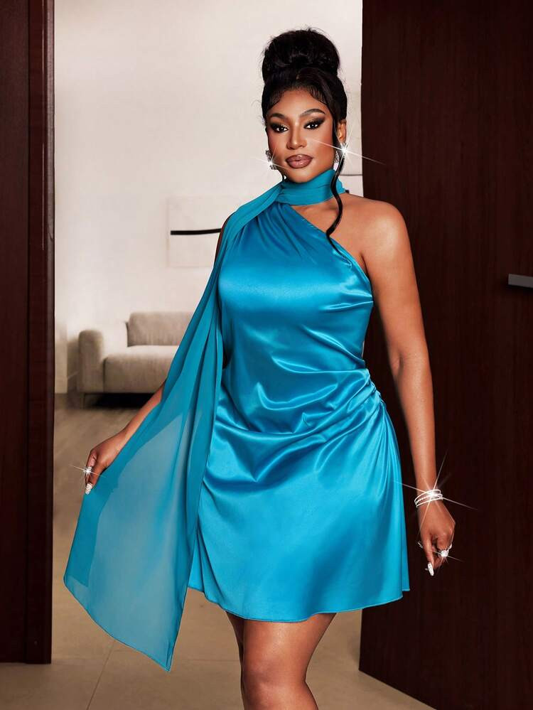 Maweii Plus Size City Vacation Style Tie Neck Sleeveless Asymmetric Shoulder Short Elegant Blue Dress, Women's Graceful Dress, Suitable For Party, Festival, Banquet, Date | SHEIN
