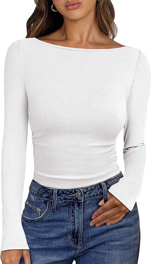 ANRABESS Women's Boat Neck Long Sleeve Shirts Rib Knit Slim Fitting Tops Basic Tees 2025 Casual C... | Amazon (US)