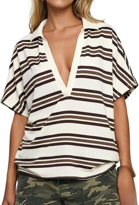 Color Block Striped Polo Shirt Y2K Oversized Deep V Neck Short Sleeve Top | Amazon (US)
