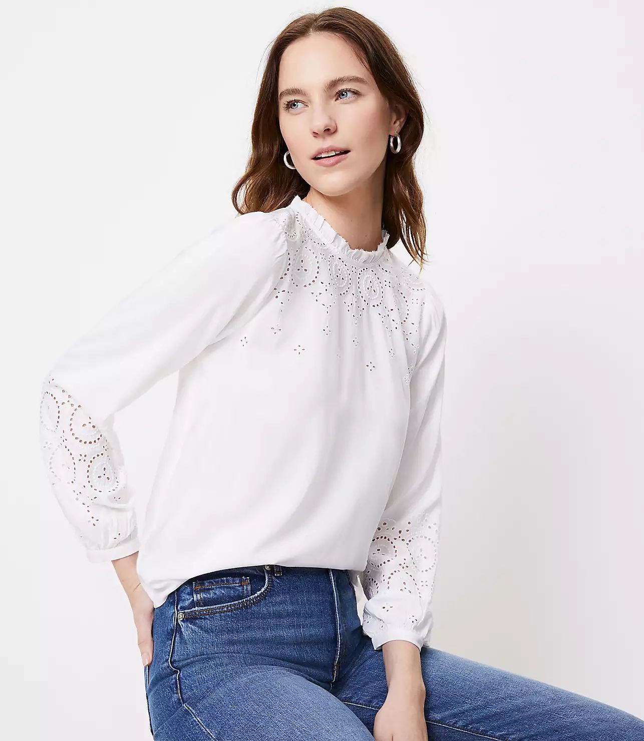 Embroidered Ruffle Neck Blouse | LOFT