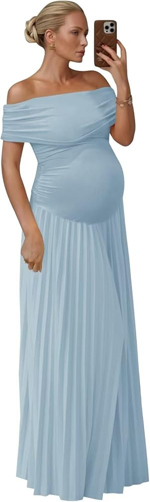 Fivsole Womens Maternity Dress for Photoshoot Off Shoulder Baby Shower Dress Pleated Satin Formal... | Amazon (US)