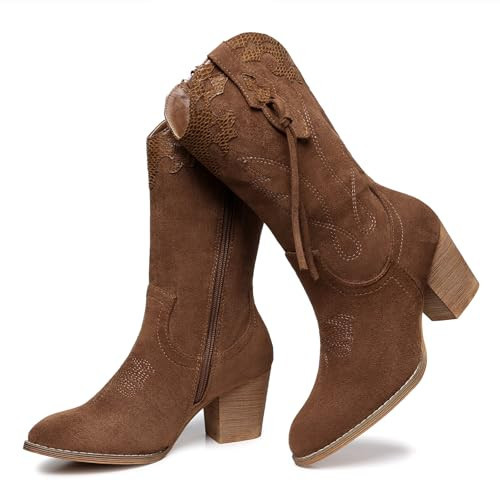 SHIBEVER Cowboy Cowgirl Boots for Women: Brown Western Mid Calf Booties Country High Heel Suede Zipper Boots Size 10.5 | Amazon (US)