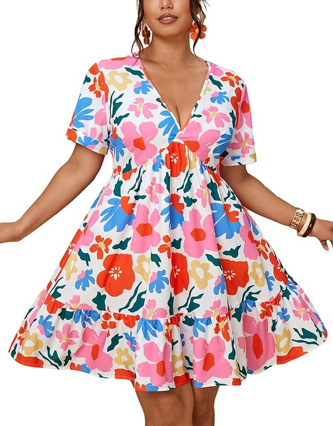 Amazon.com: YAMQETKO Plus Size Summer Dresses for Women Casual Short Sleeves V Neck A Line Midi D... | Amazon (US)