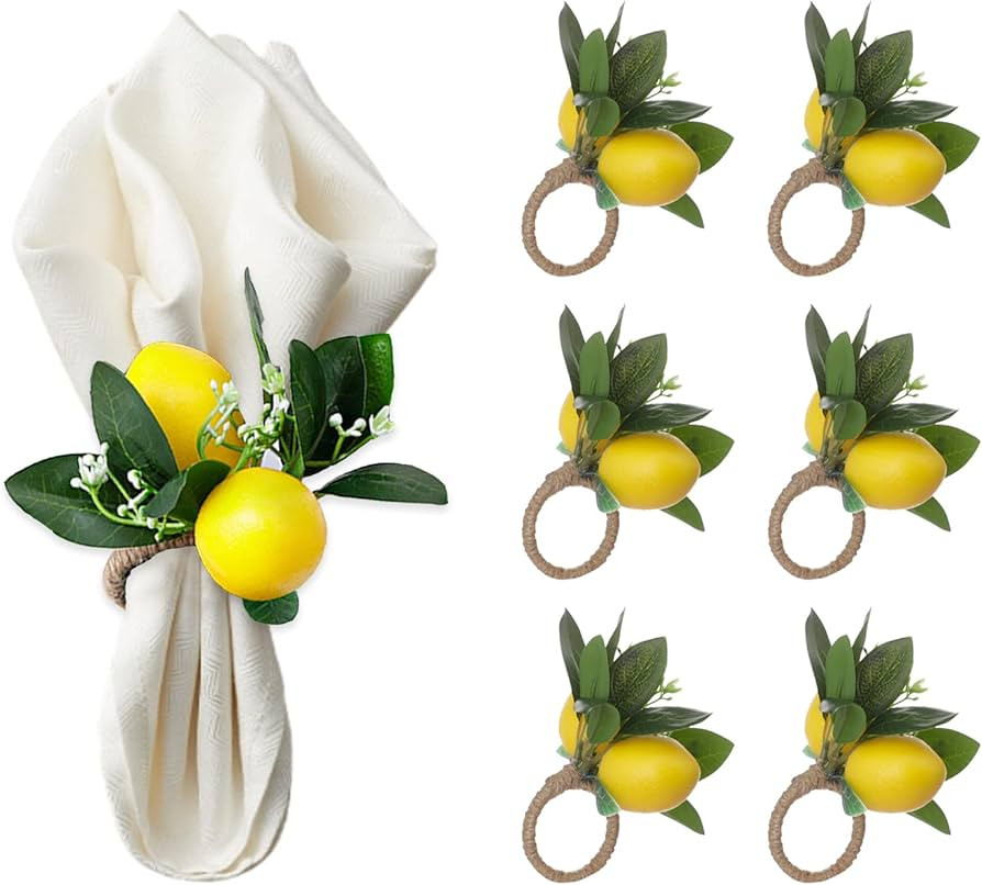 Lemon Napkin Rings Set of 6 Yellow Lemon Vine Leaf Napkin Holder Spring Summer Lemon Napkin Ring ... | Amazon (US)