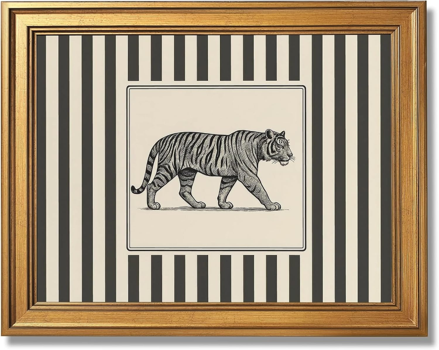 Gold Framed Vintage Tiger Wall Art Black and White Striped Wild Animal Poster Retro Jungle Big Cat Wildlife Canvas Print Botanical Safari Minimalist Exotic Artwork for Home Office Decor 16x24inch | Amazon (US)
