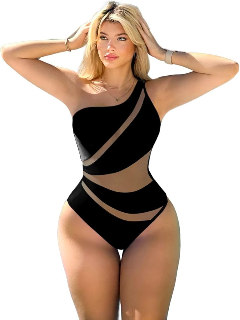 WDIRARA Women's Mesh Floral Lace One Shoulder Sleeveless Satin Slim Fit Elegant Top | Amazon (US)