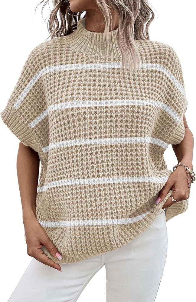 Womens Oversized Short Batwing Sleeve Mock Neck Sweater Vest Fall Sleeveless Pullover Knit Sweaters | Amazon (US)