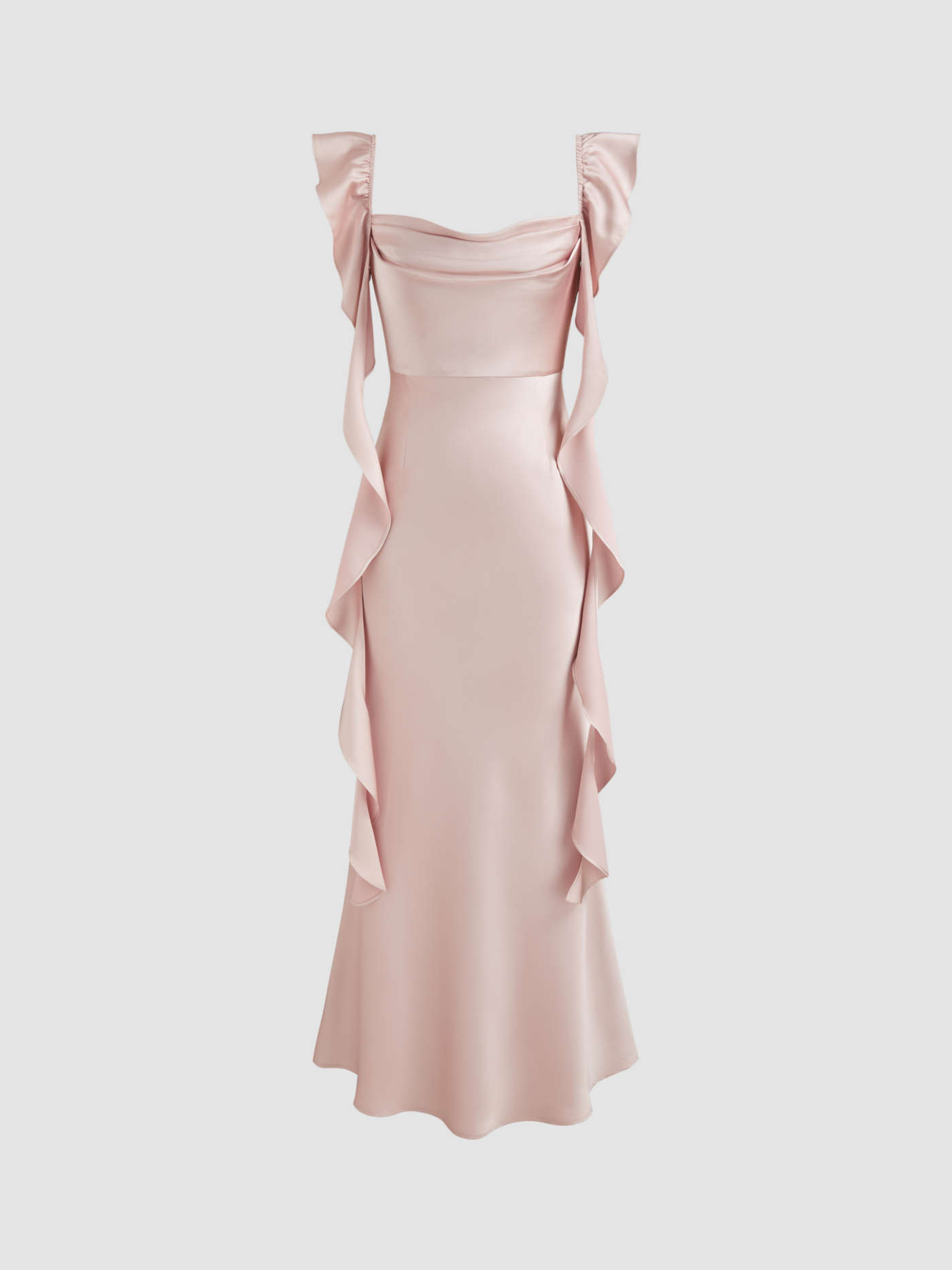 Satin Cowl Neck Solid Ruffle Hem Maxi Dress | Cider