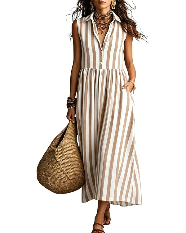 Daacee Women Striped Sleeveless Maxi Dress Boho Flowy Beach Long Shirt Dresses Summer Sundress Va... | Amazon (US)