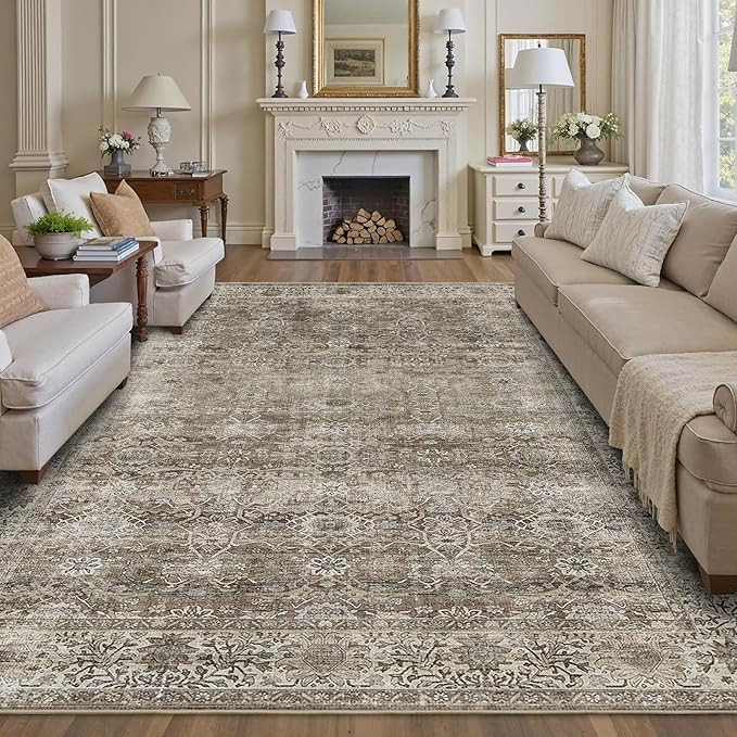 8x10 Washable Area Rug Grey Brown Vintage Rug for Living Room Bedroom Low Pile Soft Non-Slip Boho... | Amazon (US)