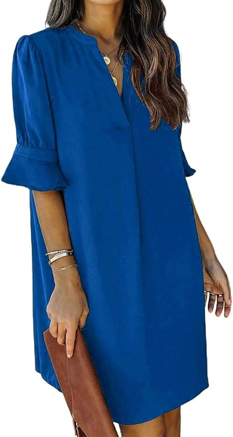 QACOHU Summer Dresses for Women V Neck Ruffle Short Sleeve Casual Shift Dress | Amazon (US)