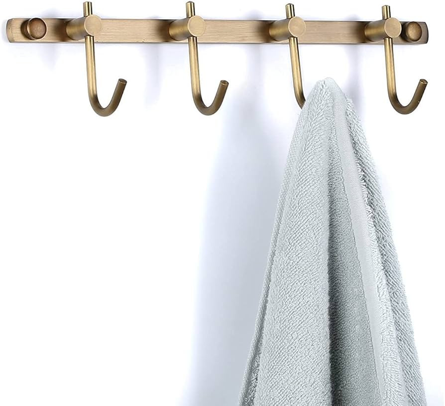 WINCASE Brass Towel Hook Rack, Brushed Brass Wall Hook Rack, Antique Brass Row Hooks with 4 Hooks... | Amazon (US)