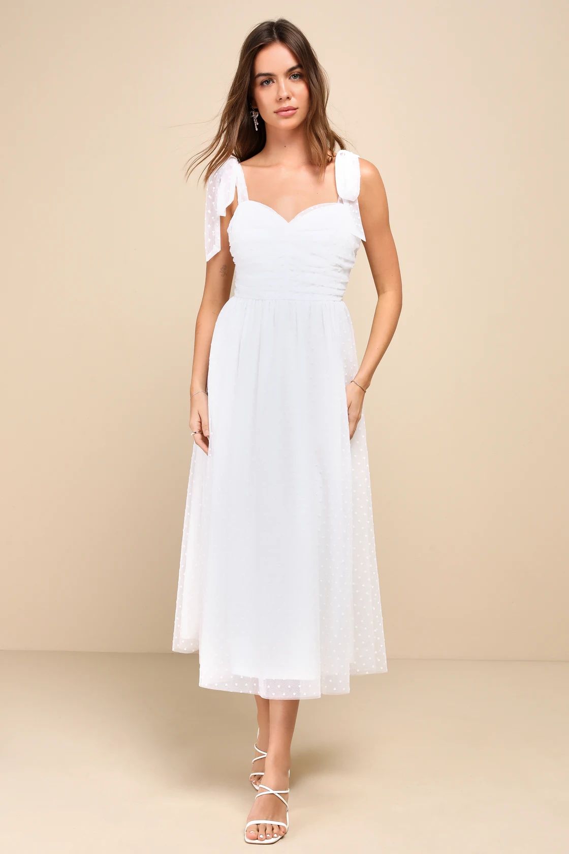 Luxe and Lovestruck White Tulle Heart Dot Tie-Strap Midi Dress | Lulus