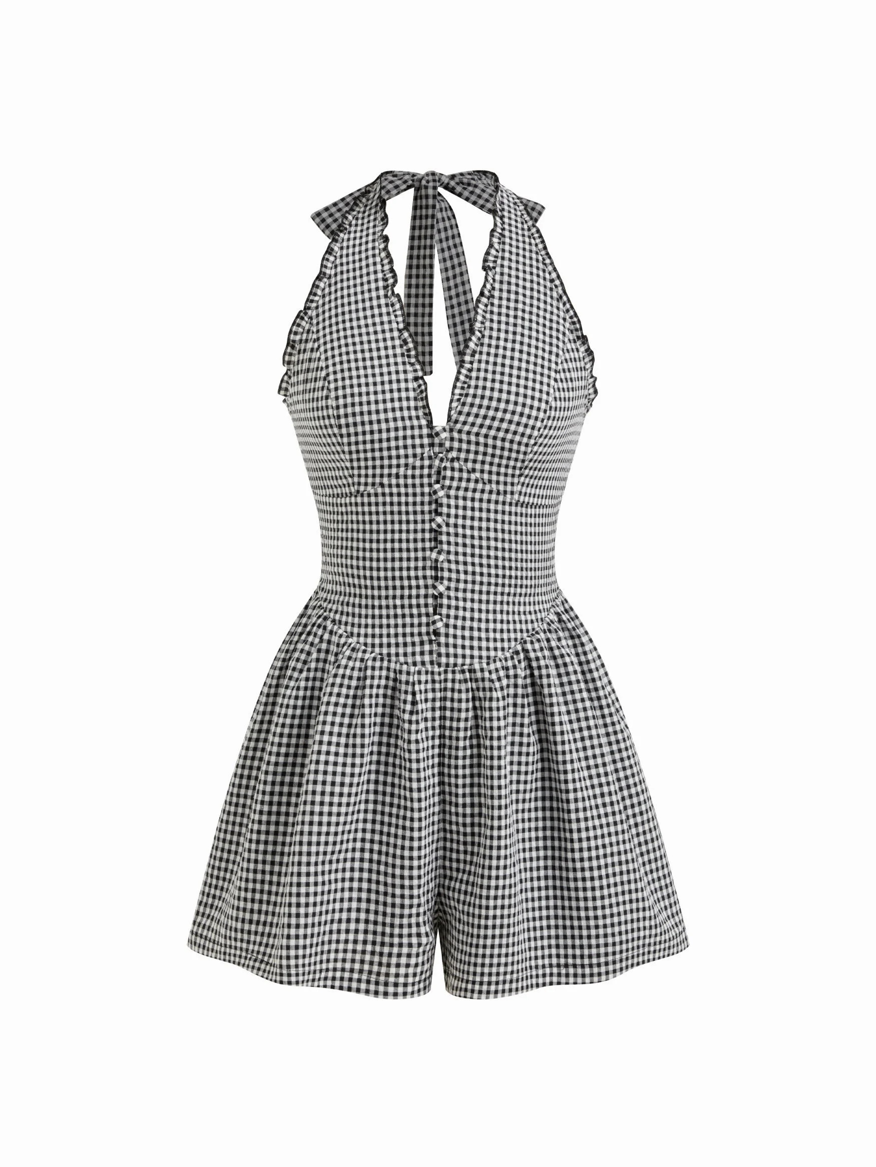 Gingham Halter Neckline Shirred Romper | Cider