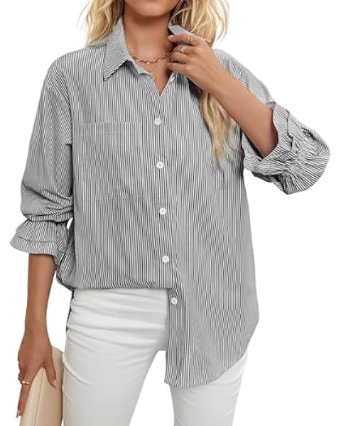 Women's Smocked Cuffed Striped Boyfriend Shirt with Pocket Casual Collar Long Sleeve Blouse Tops ... | Amazon (US)