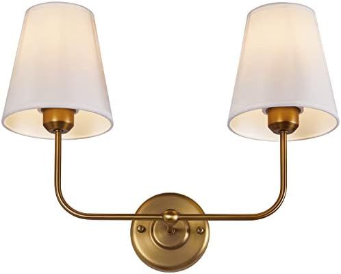 Terleenart Double Light Wall Sconce with White Fabric Tapered Shades, 2-Light Antique Brass Sconce f | Amazon (CA)
